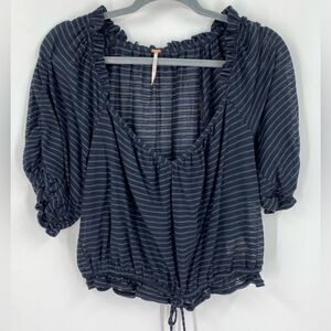 Free People Blue and White Ruched Sheer 3/4 Sleeve Blouse size M